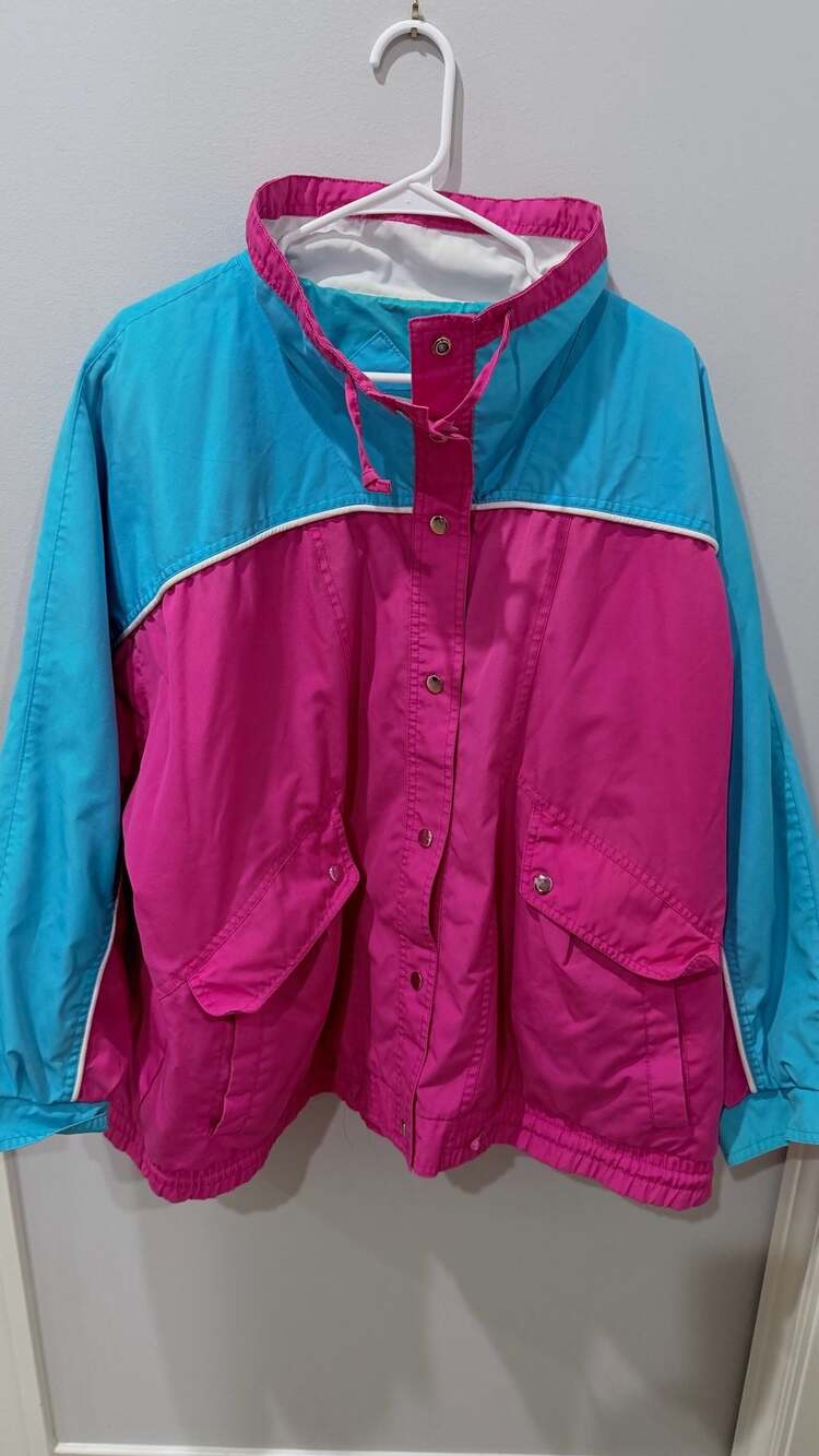 Vintage 80s 90s Hot Pink and Teal Color Block Retro Windbreaker Ski Jacket